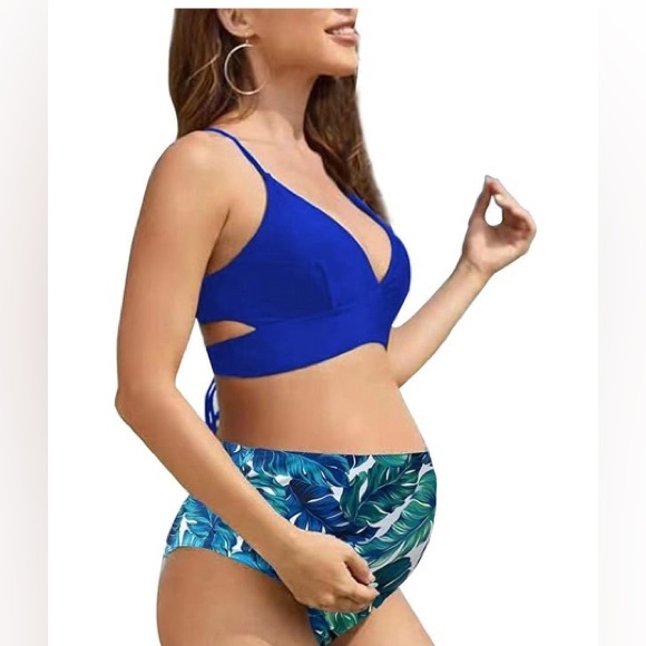 Maternity Two Piece Criss Cross Blue Swimsuit Bikini V Neck Size Small - Picture 2 of 15